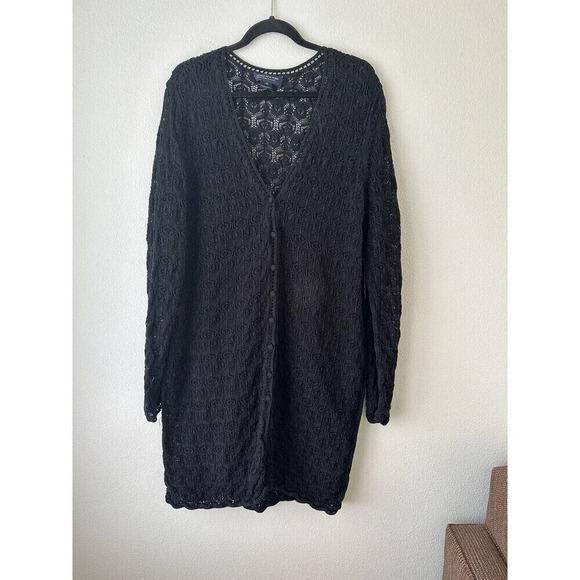 Jones New York 1X Open Knit Crochet Cardigan Long Length Whimsygoth Witchy Goth - Picture 1 of 7